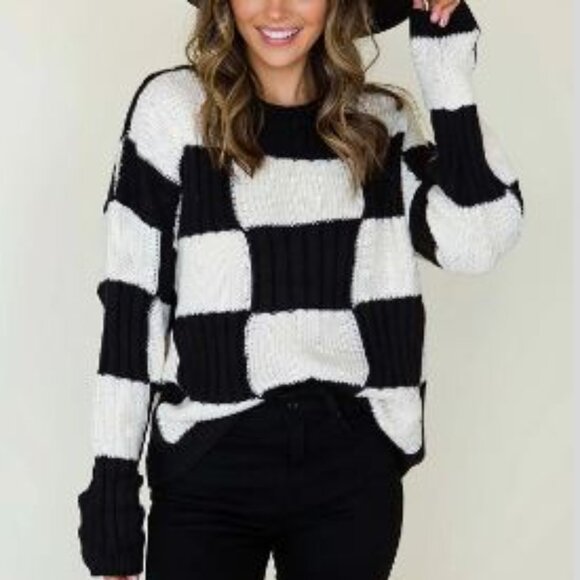 Better Be Sweaters - Black & White Checkered Crew Neck Sweater NWOT